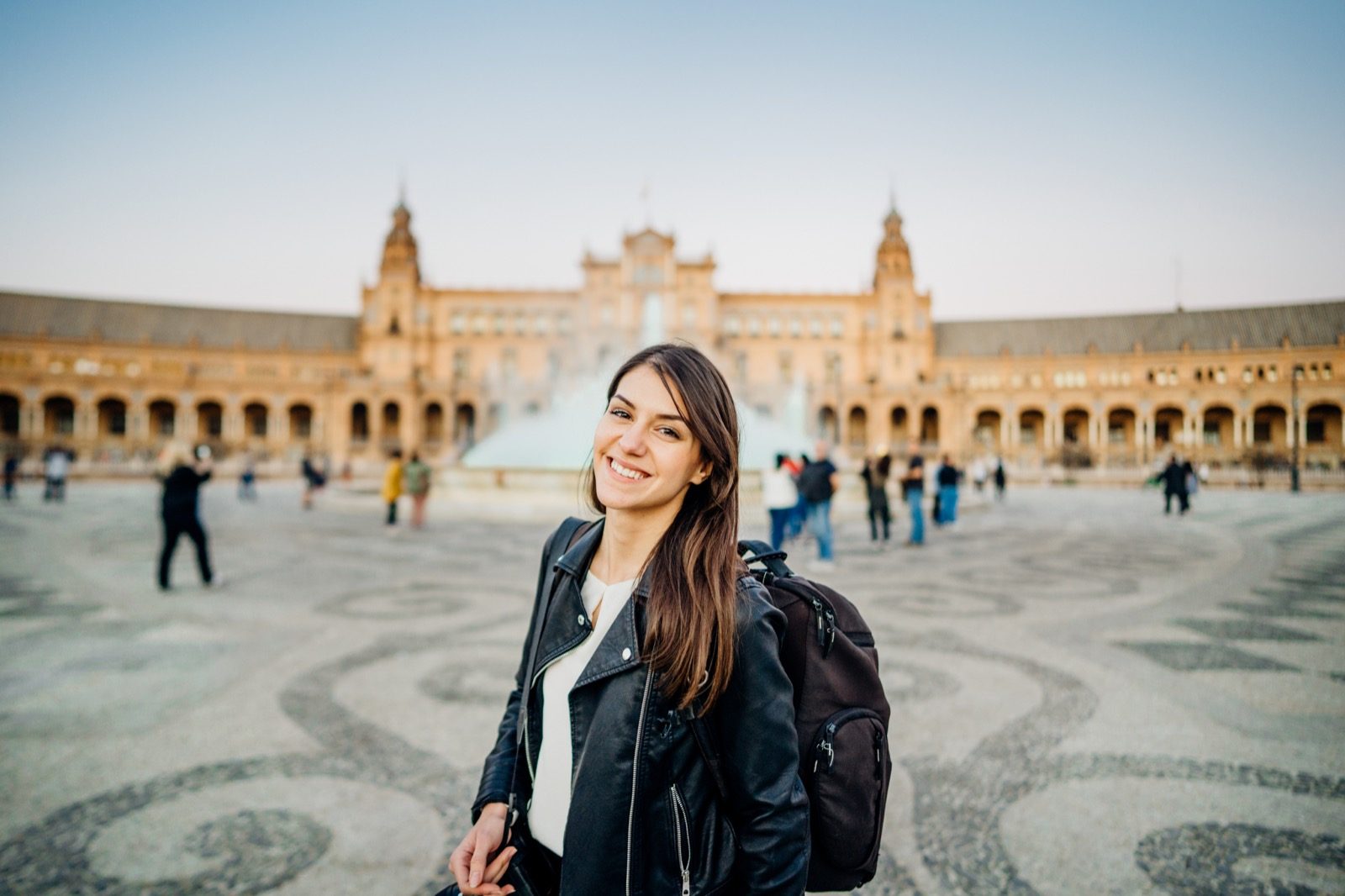 International student visiting Plaza de Espana in Seville