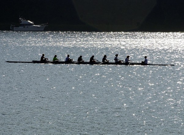 Rowing eight on open water