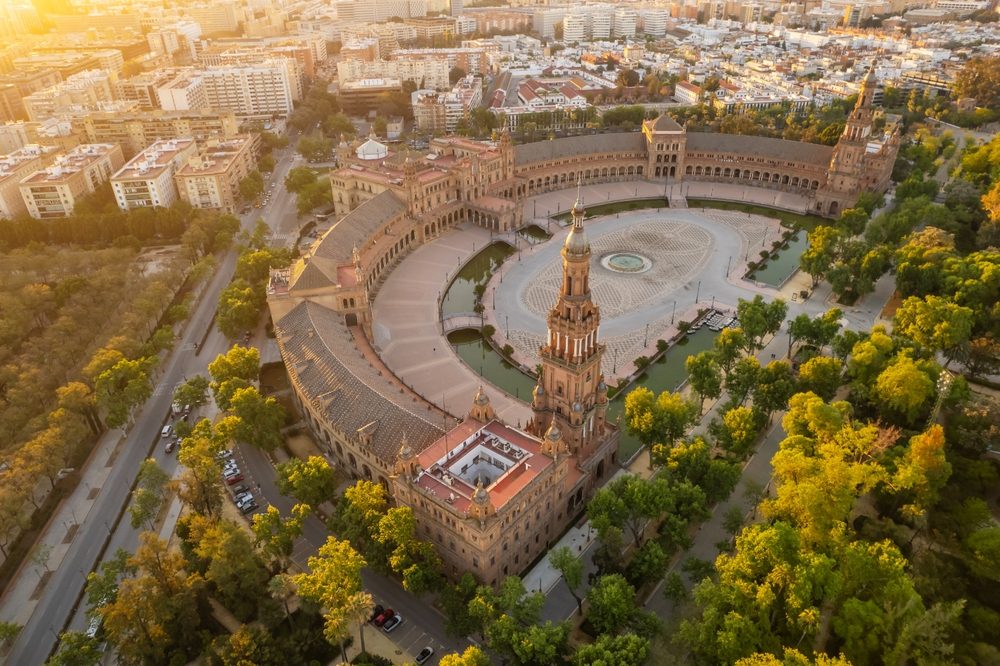 Aerial view of a historic plaza in Seville